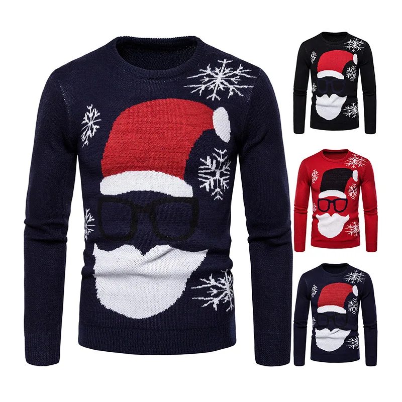 Christmas Pullover Men Novelty Santa Claus Snowflake Print Knitted O-Veck Mens Sweater Dress Warm Jersey Sweater Men Y