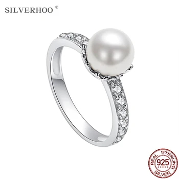 

SILVERHOO Fashion Cubic Zirconia Woman Ring S925 Sterling Silver Lotus Tray Pearl Ring 2020 Delicate Engagement Party Gift