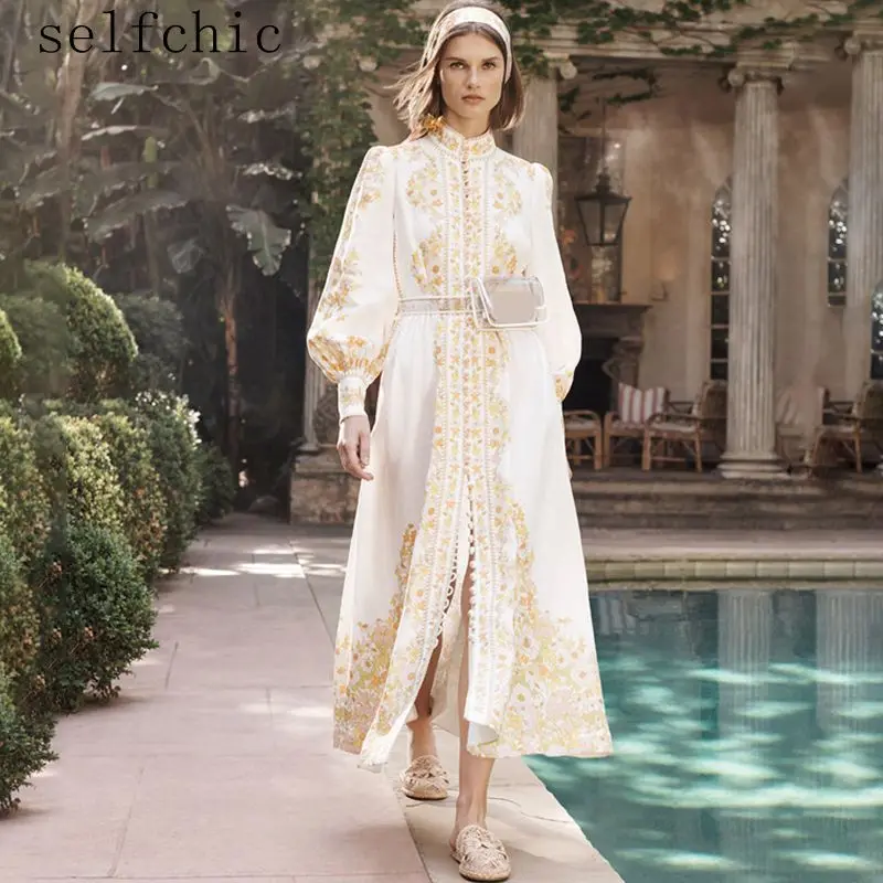 

Ladies Long Dress Stand Collar Print Runway Dresses 2019