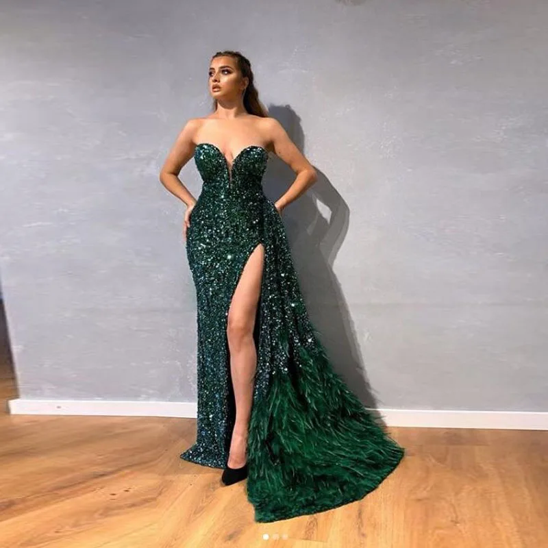 Шикарное вечернее платье со съемным хвостом и перьями; vestido de festa longo abiye; вечернее платье охотника; зеленое милое вечернее платье