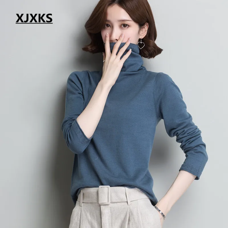 XJXKS Solid color all-match women turtleneck sweater autumn winter new wool knit high elastic sweater women pullover - Цвет: Синий