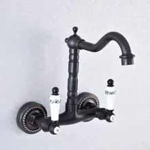 Kitchen Wet Bar Bathroom Vessel Sink Faucet Black Oil Rubbed Brass Wall Mounted Swivel Spout Mixer Tap Dual Ceramic Lever msf746