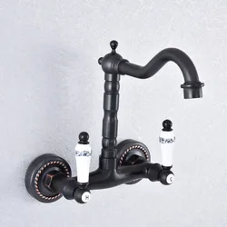Kitchen Wet Bar Bathroom Vessel Sink Faucet Black Oil Rubbed Brass Wall Mounted Swivel Spout Mixer Tap Dual Ceramic Lever msf746