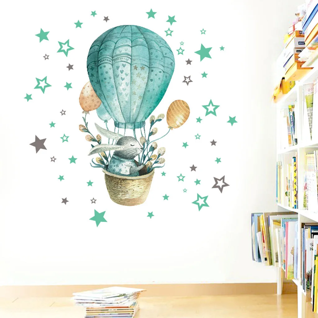 

Cartoon wall sticker kids room decoration Rabbit hot air balloon home decor nordic style Watercolor painting Baby room diy art