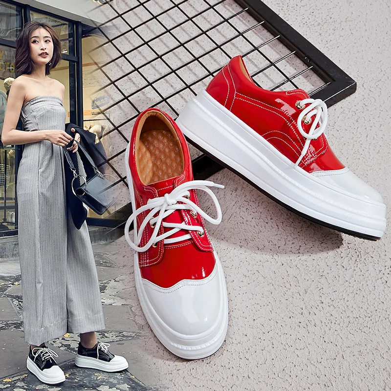 

2019 Spring New Style Thick Bottomed Platform Shoes Women's Genuine Leather Slanted Heel Lace-up Shoes Mixed Colors Patent Leath