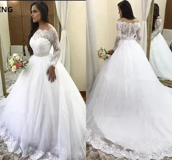 

2020 vintage Long Sleeve white Lace Wedding Dresses Ball Gown Elegant off the shoulder Wedding gowns cheap Bride Gowns Dresses