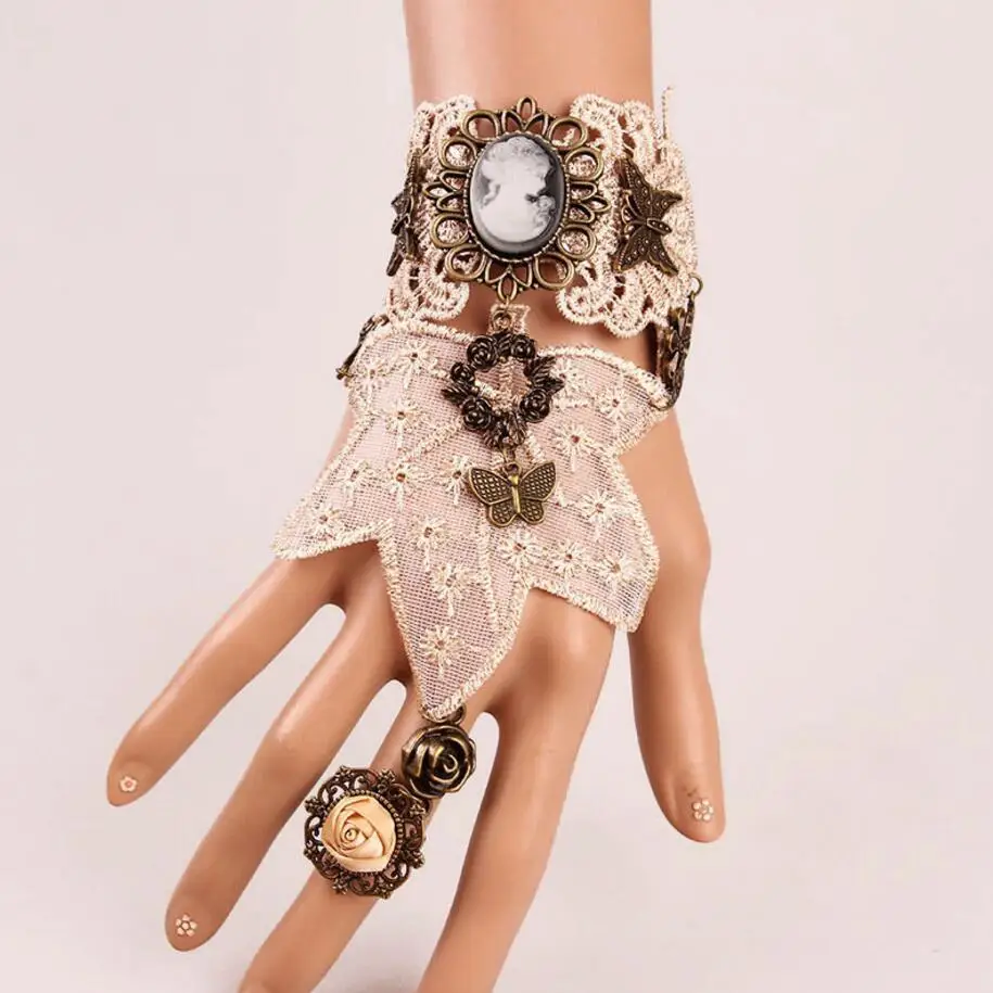 Vintage Gothic Skull/Portrait/Butterfly/Clock Mixed with Gears Steampunk Lace Bracelet Cosplay Party Accessory