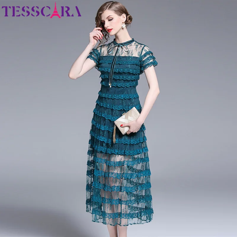 Blue TESSCARA женское роскошное кружевное платье Festa женское высококачественное мероприятие Женская одежда для вечеринки знаменитостей дизайнерское коктейльное платье - Цвет: Blue