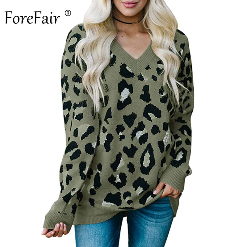 Forefair, v-образный вырез, вязаный свитер с леопардовой раскраской, женский джемпер,, животный принт, теплый, модный, тонкий, большой размер, Зимний пуловер - Цвет: Green Sweater