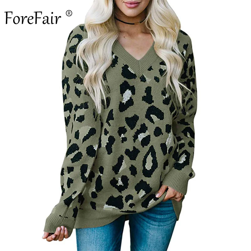 Green Sweater Forefair, v-образный вырез, вязаный свитер с леопардовой раскраской, женский джемпер,, животный принт, теплый, модный, тонкий, большой размер, Зимний пуловер - Цвет: Green Sweater