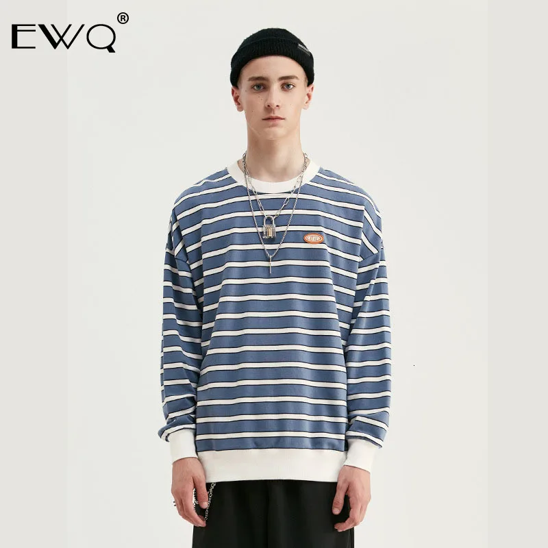 EWQ/мужская одежда Весенняя футболка с высокой уличной полоской для мужчин и женщин свободный круглый воротник с длинным рукавом Топы 19H-a118