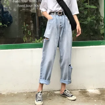 

Women's Korean Style Jeans New Blue Denim Ankle-length Pants Casual Loose High Waist Ripped Jeans