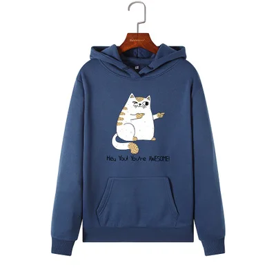 SINGRAIN толстовки с котом, Женская забавная теплая толстовка, пуловер с длинным рукавом и принтом, Вязанный свитер с капюшоном большого размера - Цвет: navy blue