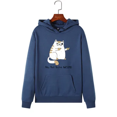 navy blue SINGRAIN толстовки с котом, Женская забавная теплая толстовка, пуловер с длинным рукавом и принтом, Вязанный свитер с капюшоном большого размера - Цвет: navy blue