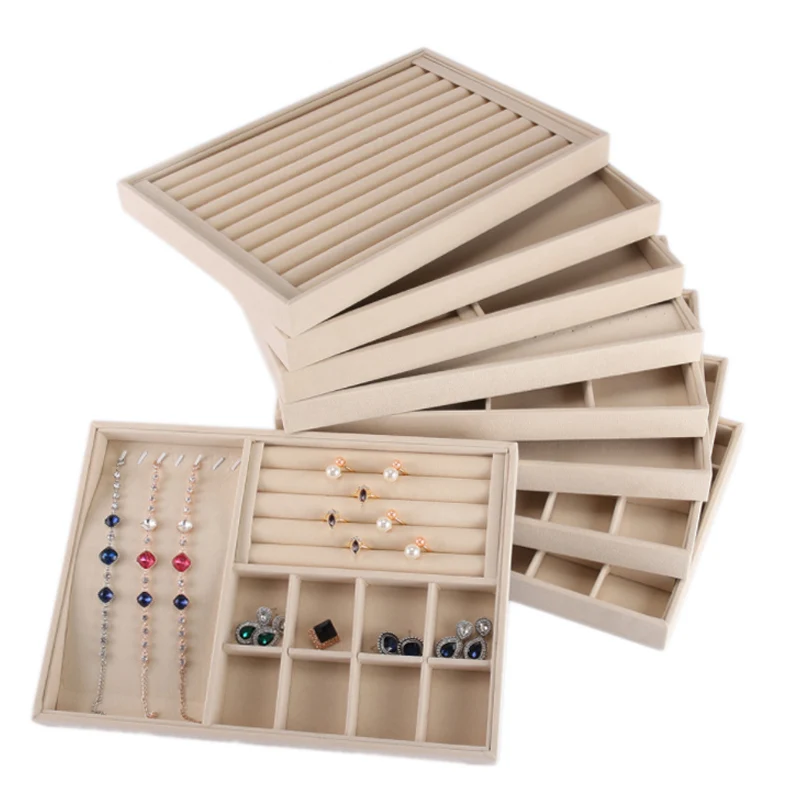 Fashion Hot Sale Beige Jewellery Storage Box Holder Necklaces Rings Earrings Pendants For Women Stand Series Velvet Jewelry Tray top selling luxurious white pu earrings jewellery display rings tray necklaces holder various models for woman option wholesale