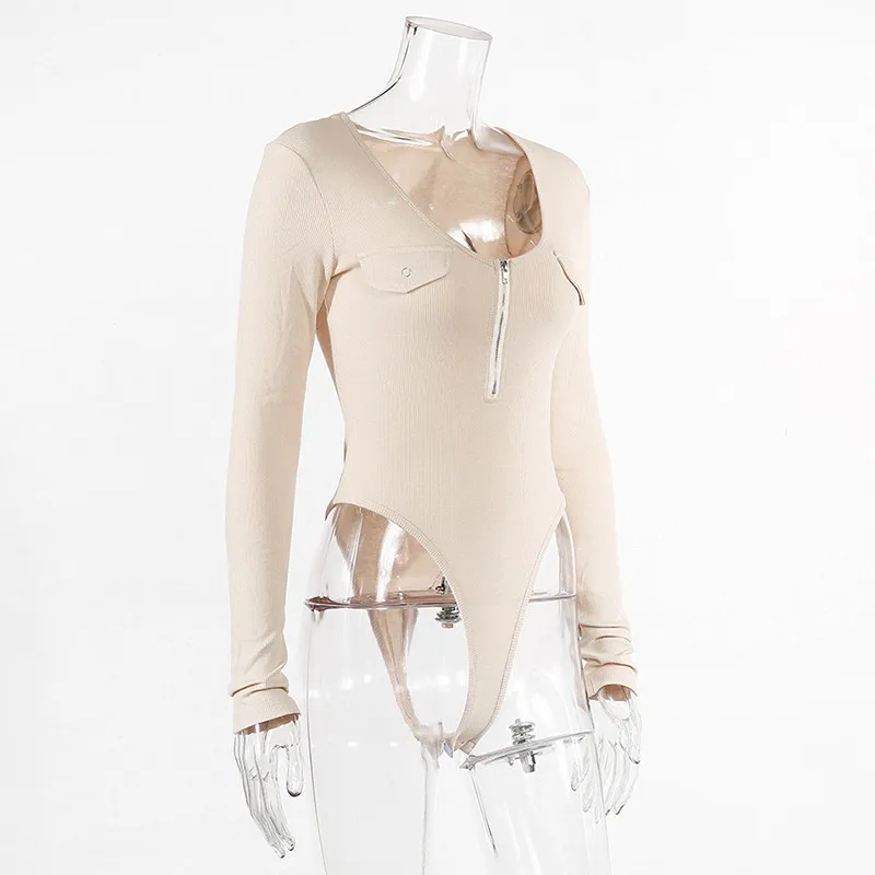 Sexy Zippers One Piece Bodysuits Party Club Body Top Autumn Women Long Sleeve Zip Up Rompers Solid Bodycon Buttons Outfits GV070