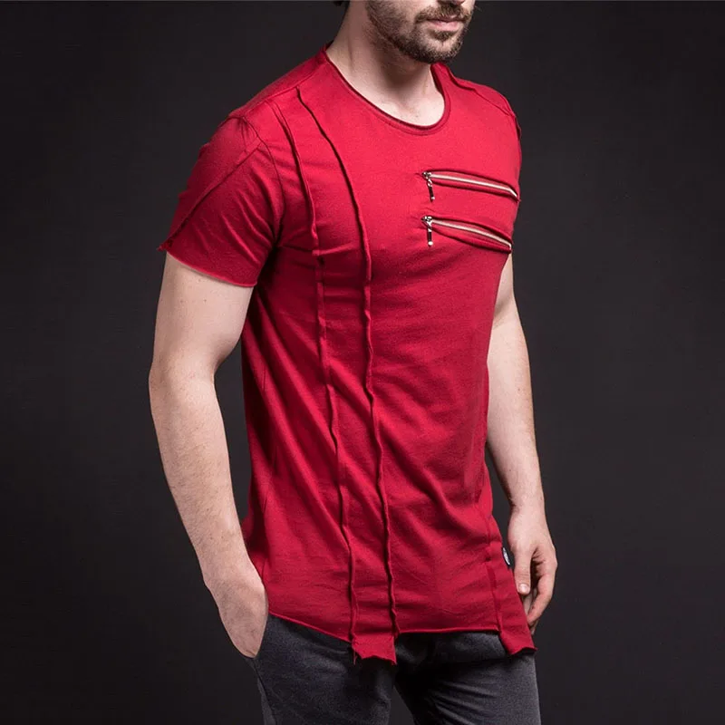 

Newly Men Solid Color T-shirts Red Black Short Sleeves Ripped Patchwork Irregualr Hem Pullover Zipped Tops for Summer G0021