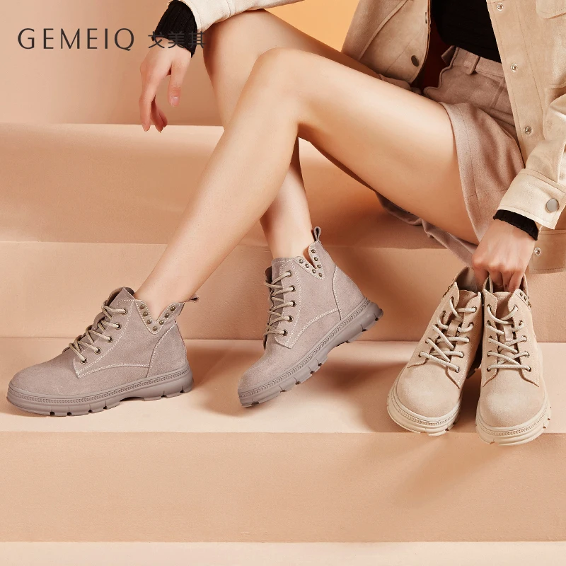 

GEMEIQ Women's Boots Genuine Leather Short Tied with Martin Boots College Wind 2019 Winter New Products Flat Boots khaki