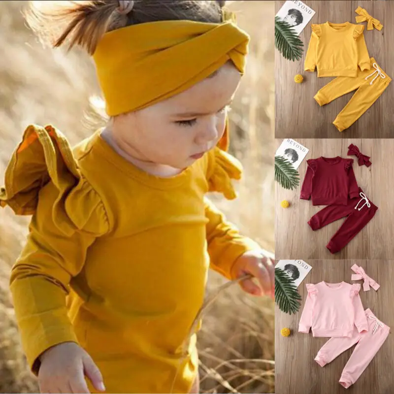 Focusnorm 0-24M Toddler Kids Baby Girl Infant Autumn Clothes Solid Cotton T-shirt Top Pants 2PCS Outfit Sets Tracksuit