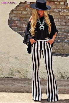 

UIDEAZONE Black and White Vertical Striped Printed Women Flare Pants Fashion Casual Elasticity Full Length Female Fitness Pants