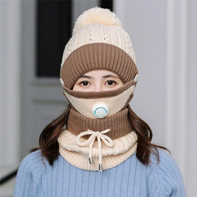 Winter Knit Set Women Girls Patchwork Ball Hat Skullies Beanies Lace-up Scarf O Ring Face Mask Woman Ski Cap 9108