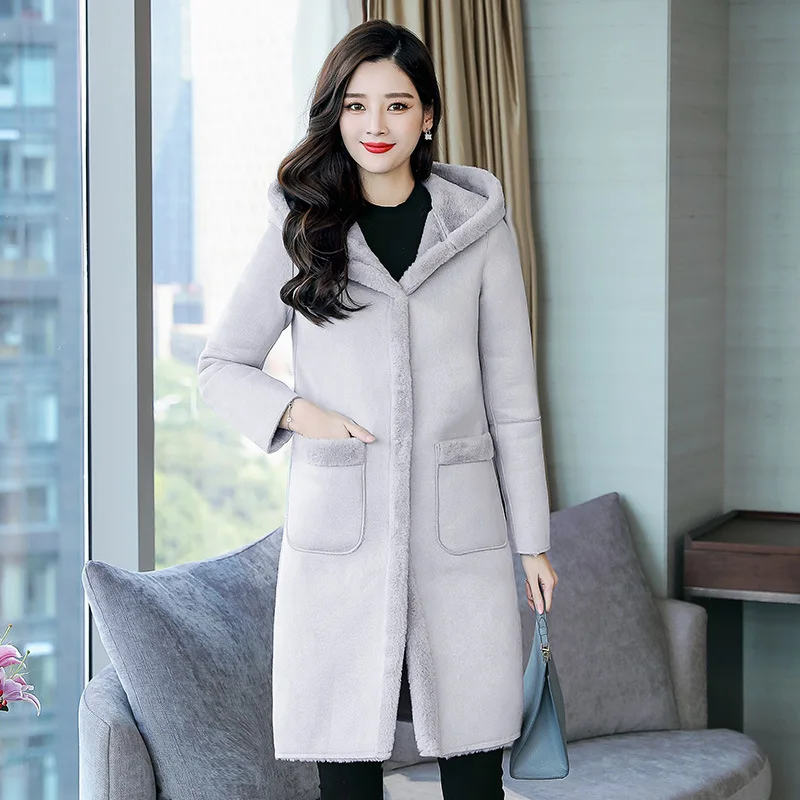 

Mid-length Lambs Wool Coat Women's 2019 Winter New Style Korean-style Thick CHIC Hooded Loose-Fit Cotton Coat Overcoat