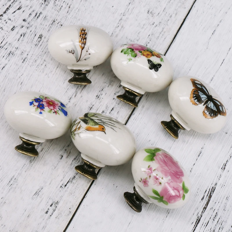 Birds Clocks Flowers Ceramic Door Knobs Porcelain Drawer Pulls Cupboard Handle 
