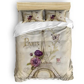 

FamilyDecor 4pcs Bedding Set Vintage Paris Tower Butterfly Duvet Cover Set Customizable