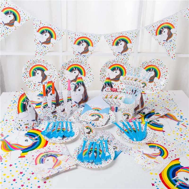 

1set 90pcs Rainbow Unicorn Party Set Disposable Tableware Kits Paper Plate Cup Napkin Garland Unicornio Birthday Party Supplies