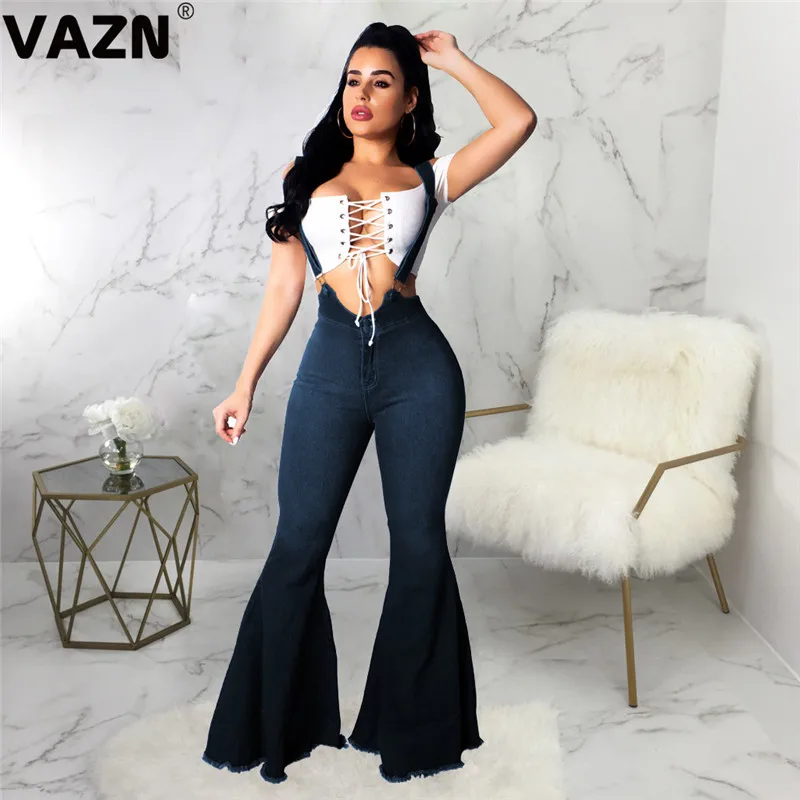 VAZN GSMR19110 chic product autumn sexy lady blue long jeans skinny flares pants sexy lady romper pockets high street jeans