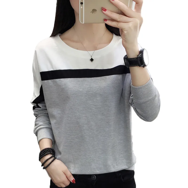 

Patchwork Solid Colored T-shirts Women Long Sleeve Casual Basic Top Tees Autumn Winter Comfortable Fabric tshirts Female C354