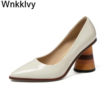 

Shiny leather high heel pumps pointed toe shallow mouth strange high heels fashion spring autumn Runway design women shoes