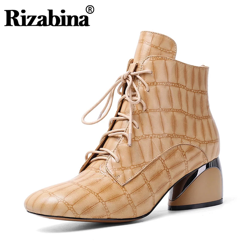 

RizaBina Women Real Leather Chunky Heels Ankle Boots Round Toe Office Lady Retro Fashion Work Shoes Woman Winter Boot Size 33-41