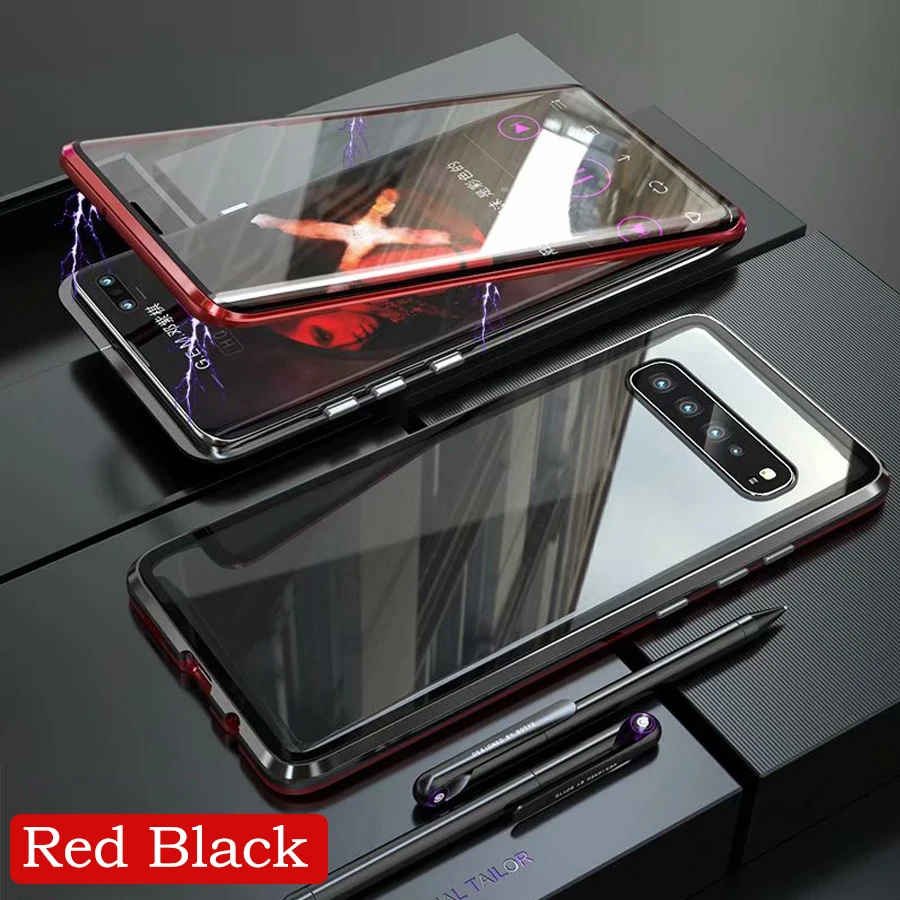 Магнитный адсорбционный магнит чехол для телефона для samsung Galaxy S8 S9 S10 Plus Note 10 Plus Note 9 8 Передняя Задняя стеклянная крышка чехол Coque - Цвет: Red Black