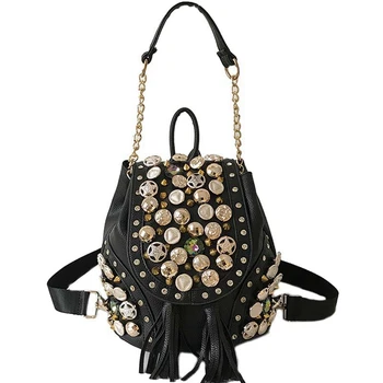 

JHD-New Personality Belt Tassel Shoulder Bag Fashion Punk Rivet Buckle Bucket Chain Bag