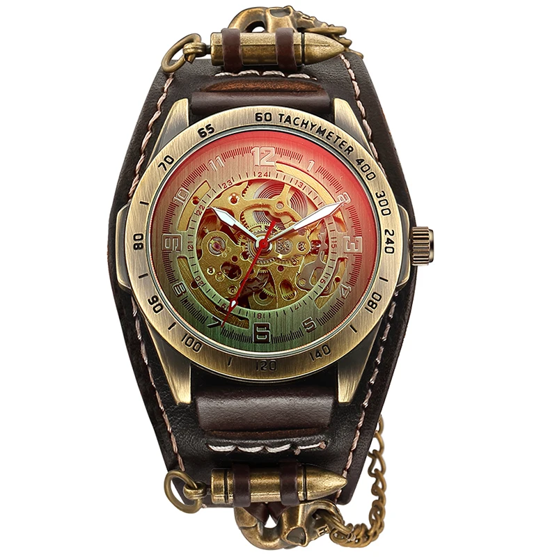 Antique Bullet Skeleton Men Automatic Mechanical Watch Gothic Clock Steampunk Self Winding Watches Brown Vintage Reloj Hombre mechanical watch