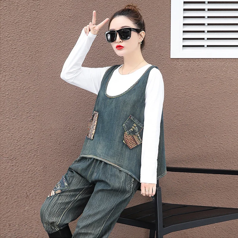 Комплект из трех предметов винтажный джинсовый жилет с нашивками спортивные