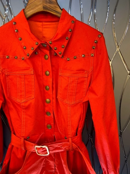 autumn Early new women's Lapel rivet decorative buckle waist long sleeve solid color dress 1008