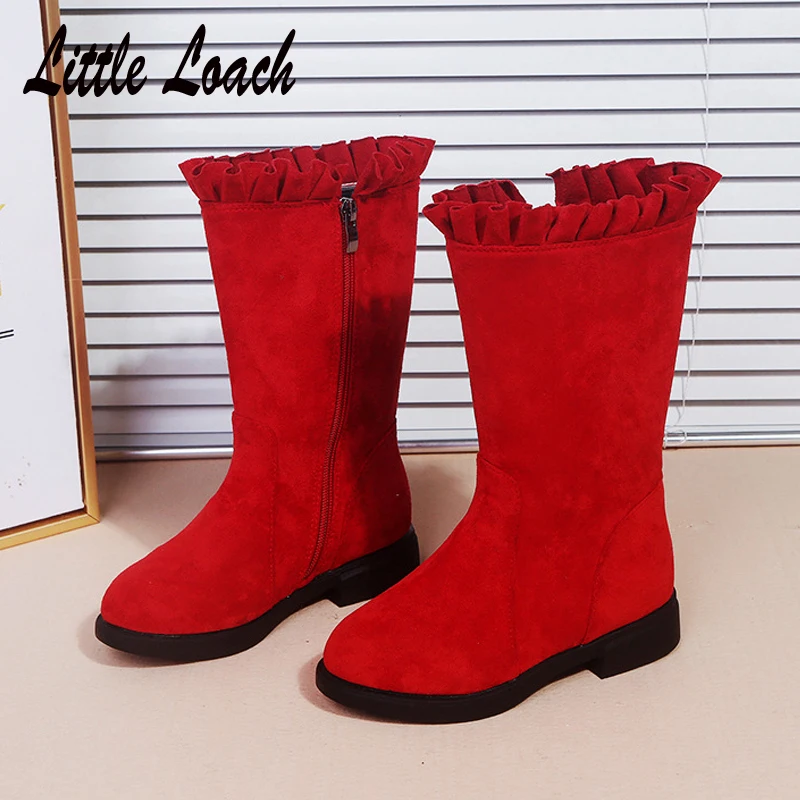 

Girls Autumn Winter Mid-calf Boots Suede Leather Fashion Princess Ruffles Boots Non-slip Round Toe Flat Students Botas Shoes