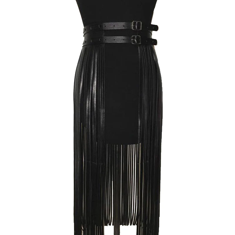 Saias de Couro do Plutônio Saia para Feminino Moda Boho Sexy Feminina Cinto Longo Borla Saia Clube Festa Magro Franja Preto Decora 5 Pijamas e Moda Íntima
