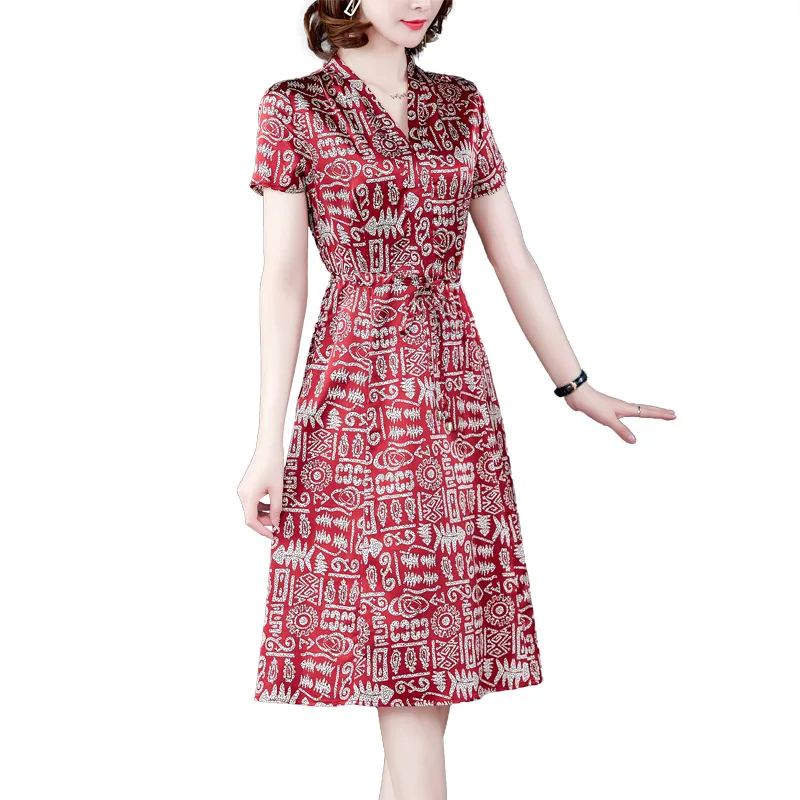 

New Fashion Women Summer Dresses Female Plus size 4XL Printed Silk dress Elegant Lady Receive Waist Slim Medium Long dress OK785