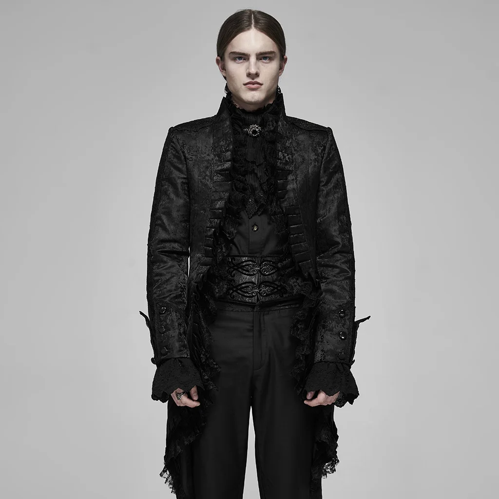 

PUNK RAVE Men Black Rococo Gorgeous Lace Tuxedo Coat Gothic Pleated Cardigan Party Evening Dinner Jacket