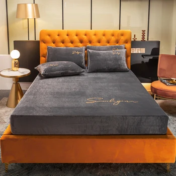 

Solid Color Elastic Fitted Sheet Crystal Velvet Bed Linen Mattress Cover 1pcs Winter Warm Soft Full Double 160X200CM