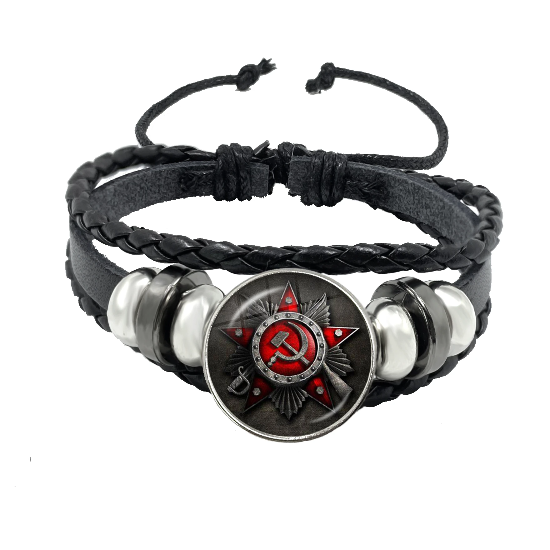 CCCP pulsera de botón de cuero negro con estrella roja del ejército soviético, Cabochon de cristal, insignia rusa redonda, logotipo, amigos|Pulseras de amuleto| - AliExpress