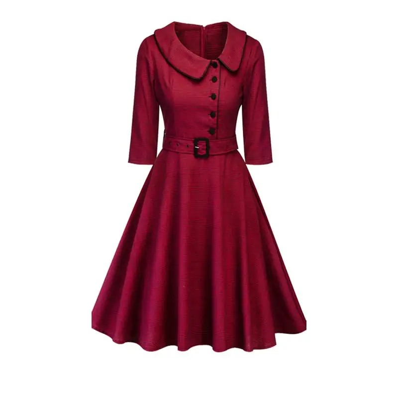 Winered OTEN женское платье осеннее элегантное ТРАПЕЦИЕВИДНОЕ ПЛАТЬЕ С Рюшами винтажный ремень в клетку на шнуровке до колена с коротким рукавом Питер Пэн воротник вечерние Плать - Цвет: Winered