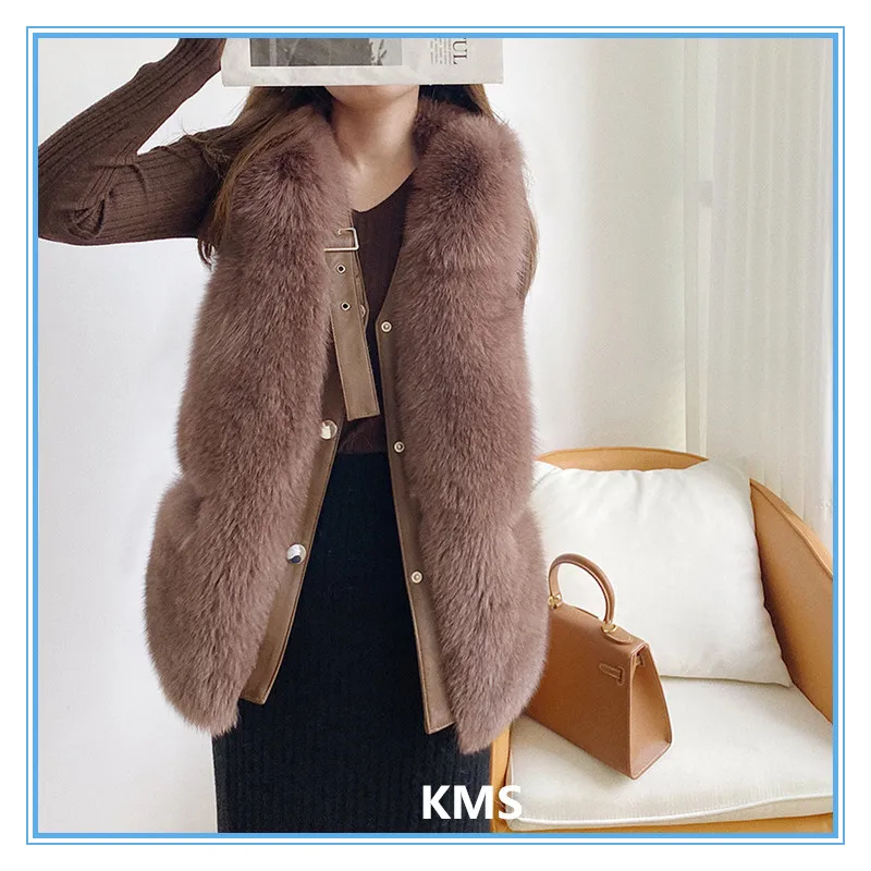 

KMS Latest New Whole Skin Fox Fur Short Vest Real Hair Fashion Vest for Women