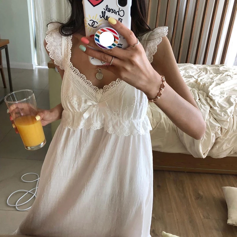 Summer Womens Princess Dress White Sleeveless Sleepshirts Vintage Lady Girls Nightgowns Nightdress Royal Style Pajamas Sleepwear women nightgowns,women nightdresses,women pajamas,sleeping dress