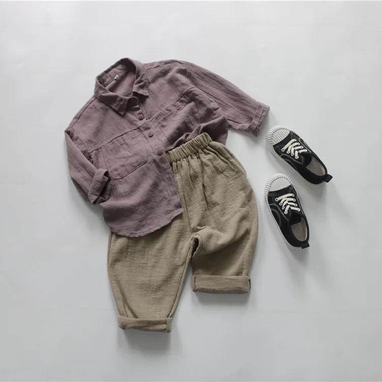 New Autumn Children Long Sleeve Shirts Korean Style Baby Boys Cotton Linen Tops Toddlers Kids Casual Shirts