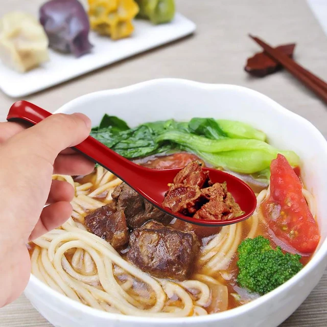 Red and Black Melamine Japanese Long Handle Spoons for Ramen