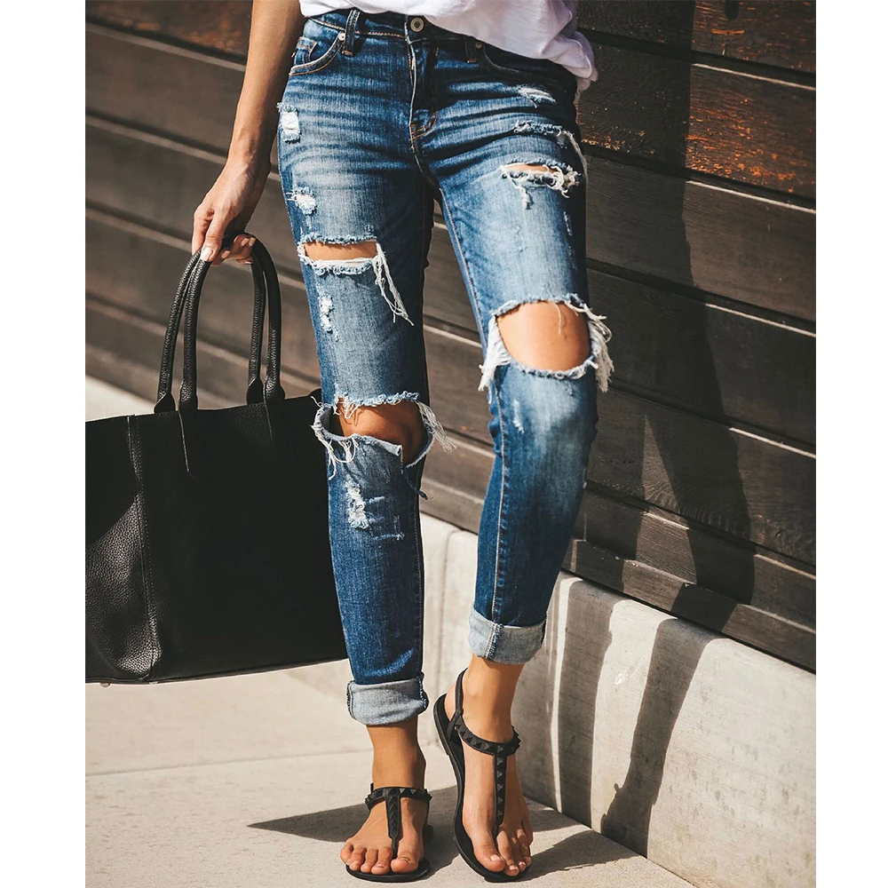 Рваные джинсы для женщин, модные женские рваные джинсы, обтягивающие брюки, женские джинсовые брюки-карандаш, джинсы для женщин в стиле бойфренд D25 - Цвет: Синий